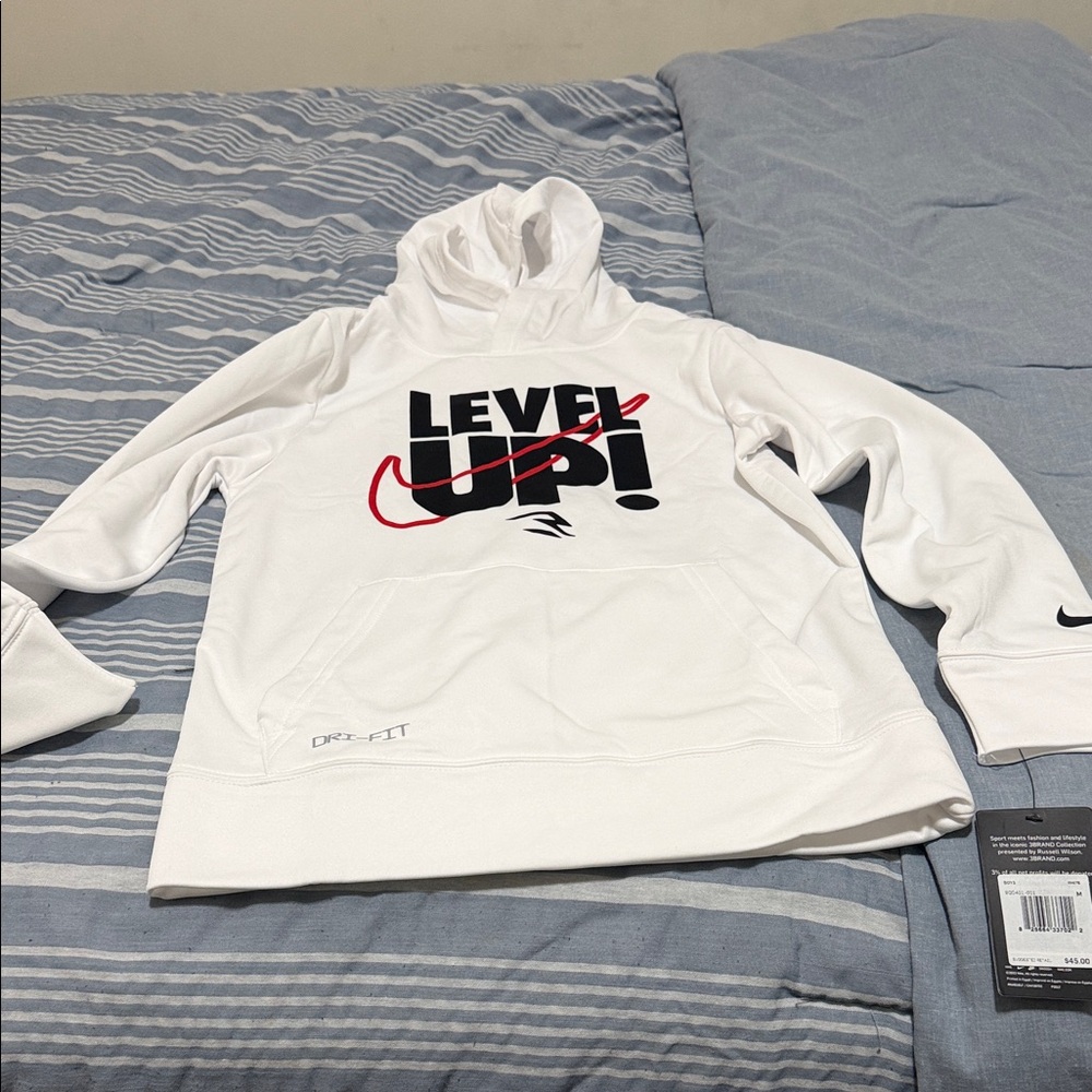 Nike White Hoodie with Black and Red 'Level Up' Design